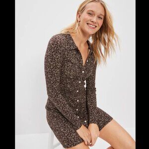 NEW With Tags AE Ruched Knit Button-Front Mini Dress Brown Floral Print